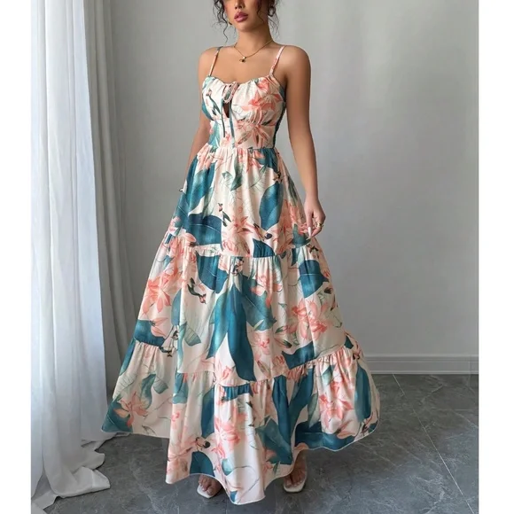 Boho Floral Tropical Print Front Tie Cami maxi Dress - Picture 1 of 5